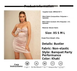 Détail de la robe bustier kaki avec tableau des tailles et spécifications du tissu