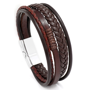 Multilayer braided leather bracelet with silver magnetic clasp on white background