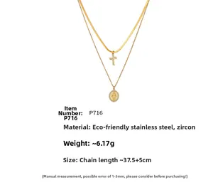 Detailed specs of double-layer stainless steel cross necklace with zircon pendants
