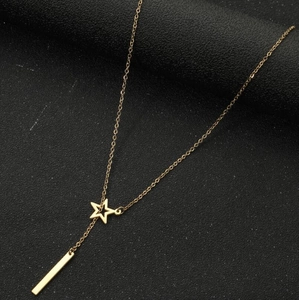 Elegant 18K gold star and bar pendant necklace for women on black background