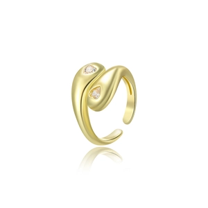 Polished 18k gold plated open ring with two delicate heart-shaped zircon stones