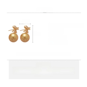 Detailed view of champagne pearl earrings with zircon bowknot and size dimensions