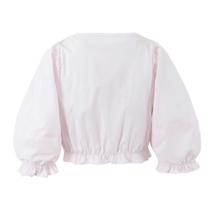 Back view of pink puff sleeve crop top with elasticated hem and pleated details