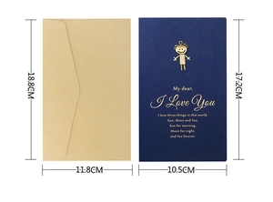 Detailed size chart showing dimensions for navy gold foil card and kraft envelope set