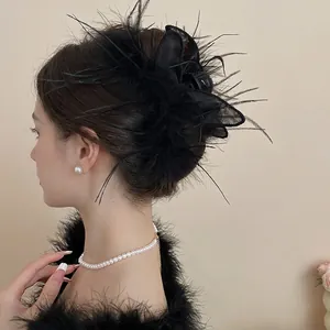 Feather Mesh Bunny Ear Hair Claw Clip Black French Vintage Updo Shark Clip Elegant Accessory For Women