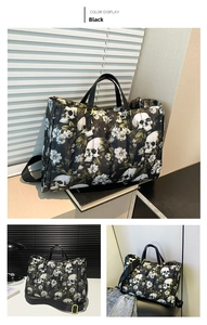 Detail of black quilted tote bag with vintage skull print and gold hardware
