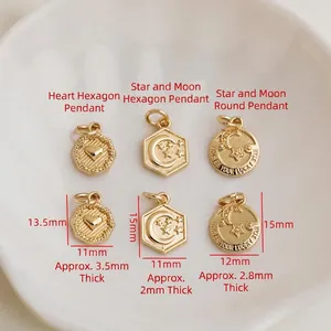Macro shot of 14K gold plated heart and star moon pendants for DIY jewelry making