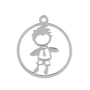 Detailed macro view of a silver boy silhouette pendant in a hollow round stainless steel frame