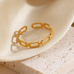 Minimalist gold square chain ring in polished stainless steel with adjustable open design