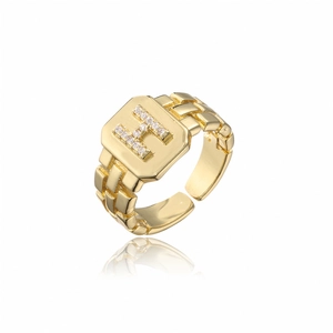 Detail of 18K gold plated adjustable ring featuring letter H with AAA zirconia inlay