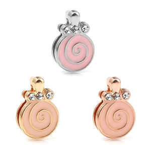 Detailed view of silver gold and rose gold enamel swirl clip charms with crystals