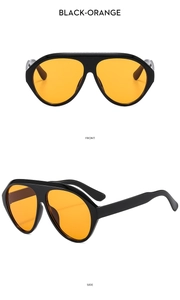 Front and side views of oversized black sunglasses with transparent orange lenses