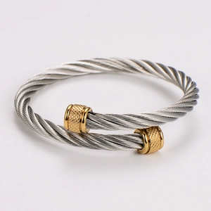 Close-up of twisted silver cable bracelet with gold-plated decorative ends and textures