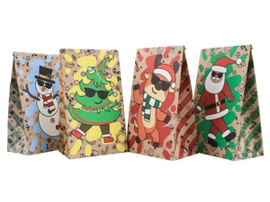 Row of four Christmas kraft paper gift bags featuring snowman, tree, reindeer, and Santa