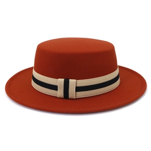 Flat top caramel wool felt hat featuring a retro black and beige striped woven band