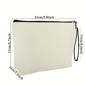 Beige canvas makeup pouch with wrist strap and black zipper dimensions 25x17x6cm