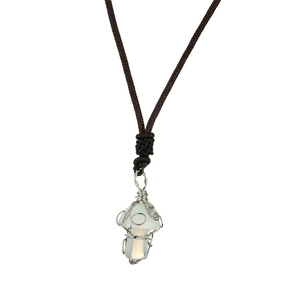 Detail view of handmade wire-wrapped natural crystal mushroom pendant on brown rope cord