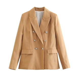 Detail of camel double-breasted blazer showing notch lapels and flap pockets
