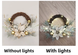 Christmas pine needle wreath detail showing unlit and warm LED lighting options