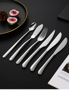 Detailed top view of a 6-piece polished 304 stainless steel cutlery set on black background