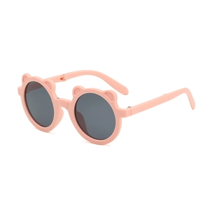 Pink foldable kids sunglasses with cute bear ear design and high UV protection lens
