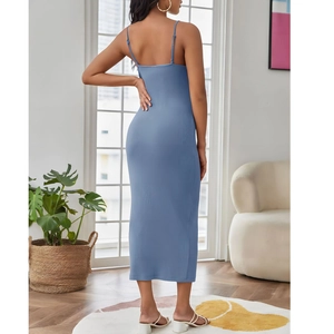 Detail of blue ribbed knit maternity dress showing slim fit silhouette and back strap design