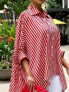 Elegant red and white striped oversized long sleeve shirt with an asymmetrical hem design