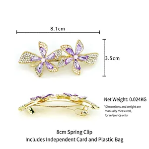 Elegant purple crystal flower hair clip with pearls and rhinestones, size 8.1cm x 3.5cm