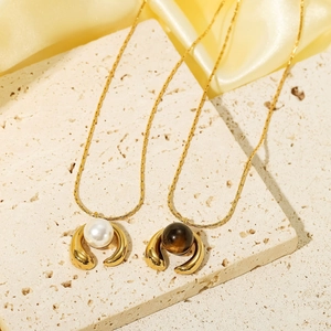 Geometric Pendant Necklace 18K Gold Plated Stainless Steel With Artificial Pearl And Natural Stone For Women Elegant Jewelry