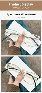 Detail of light green and silver metal cat-eye eyeglass frame with polished finish