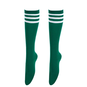 Detail of dark green knee-high socks with three white stripes and premium cotton texture