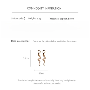 Detailed size chart for snake-shaped zircon earrings featuring 5.1cm length and 1.2cm width