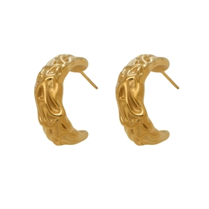 Elegant 18k gold plated stainless steel C-shape earrings with molten lava textured design