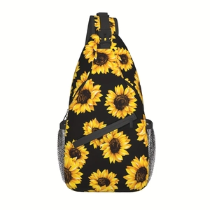 Détail du sac à bandoulière avec motif tournesol jaune, fermeture éclair et sangle réglable