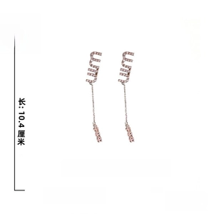 Macro detail of long tassel earrings with rhinestone letters and 925 silver needle
