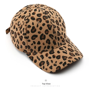 Top view of a corduroy leopard print baseball cap featuring classic six-panel design