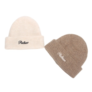 Off-white and brown knit beanies with Release embroidery and ribbed texture