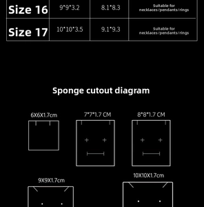 Detailed size chart showing dimensions and foam insert cutouts for black jewelry boxes