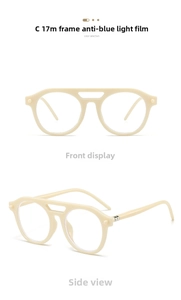 Detailed front and side views of beige retro round frames with anti-blue light lenses