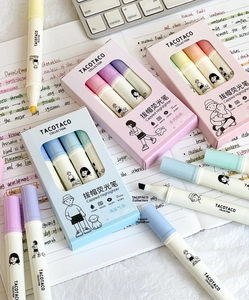 Close-up of soft-colored highlighter set with 4 pens on notebook background