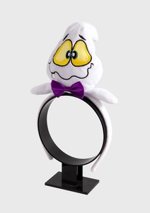 Detail of white plush ghost headband with purple satin bow for Halloween party costume