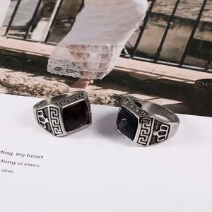 Vintage stainless steel ring with square garnet and blue sandstone for men
