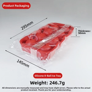 Macro shot showing dimensions 295x145mm and 246.7g weight of an 8-cavity red silicone ice mold