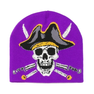Detailed knit texture and pirate skull motif on a purple winter beanie cap