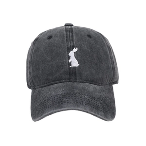 Retro washed dark grey cotton baseball cap with white rabbit embroidery on white background