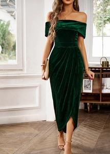 Elegant green velvet off-shoulder dress featuring sophisticated ruched details for women