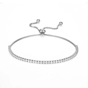 Detail of S925 sterling silver adjustable tennis bracelet with sparkling zircon stones