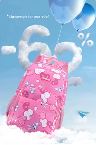 Pink school backpack for girls with cartoon rabbit print and breathable side mesh pockets