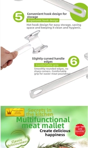 Detailed macro view showing the ergonomic curved handle and storage hook of the meat mallet