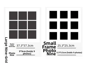 Size specifications for 9-grid photo frames showing internal dimensions and photo fit